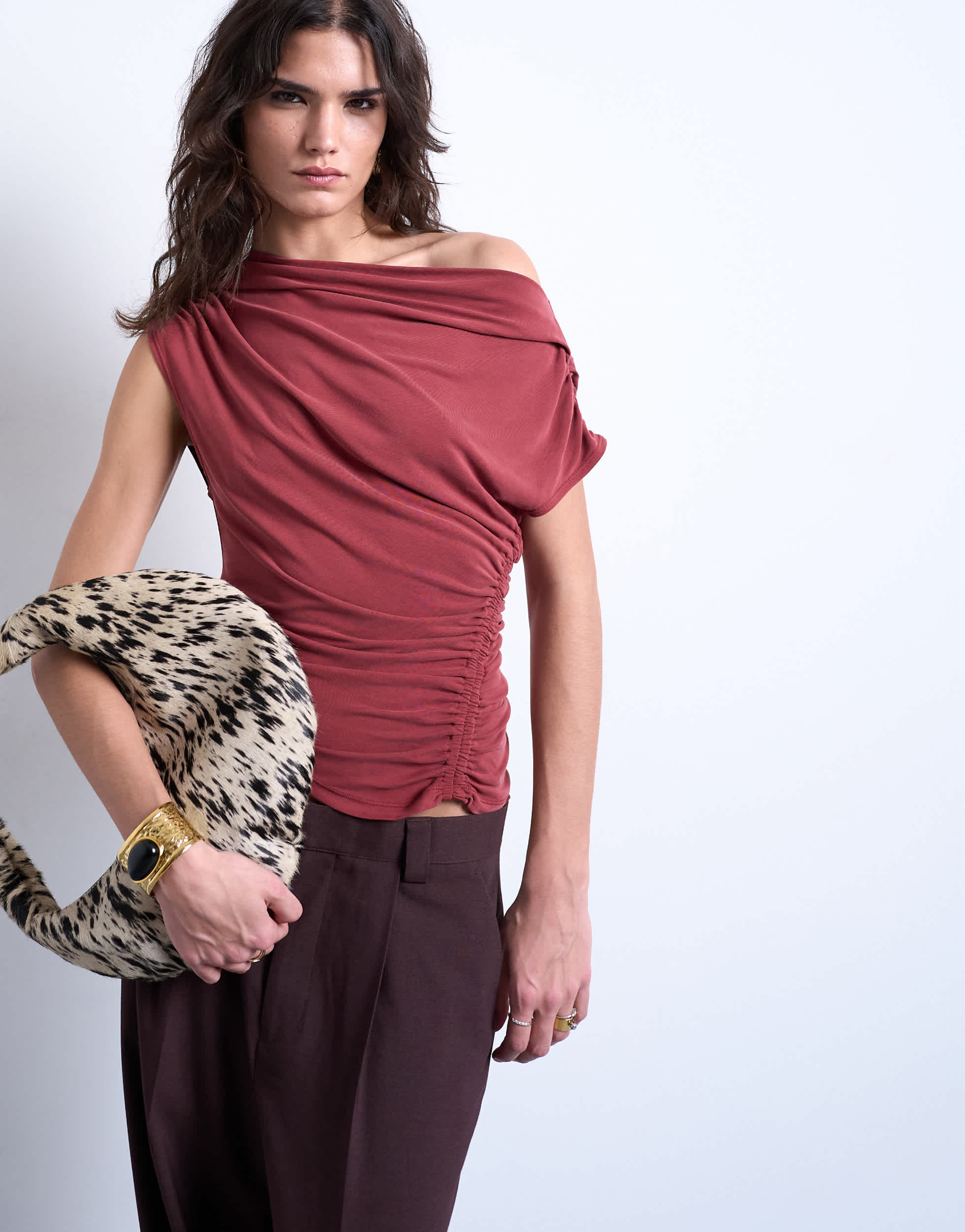 Top Topshop en cupro à détails froncés rouge rouille