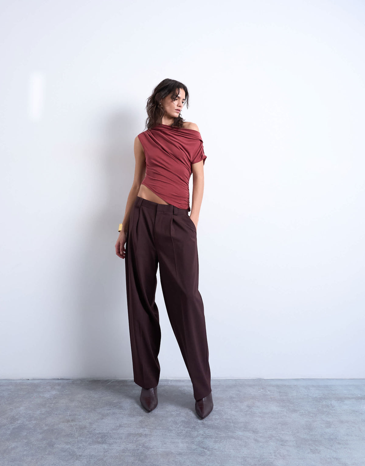 Topshop cupro ruched detail top in rust red