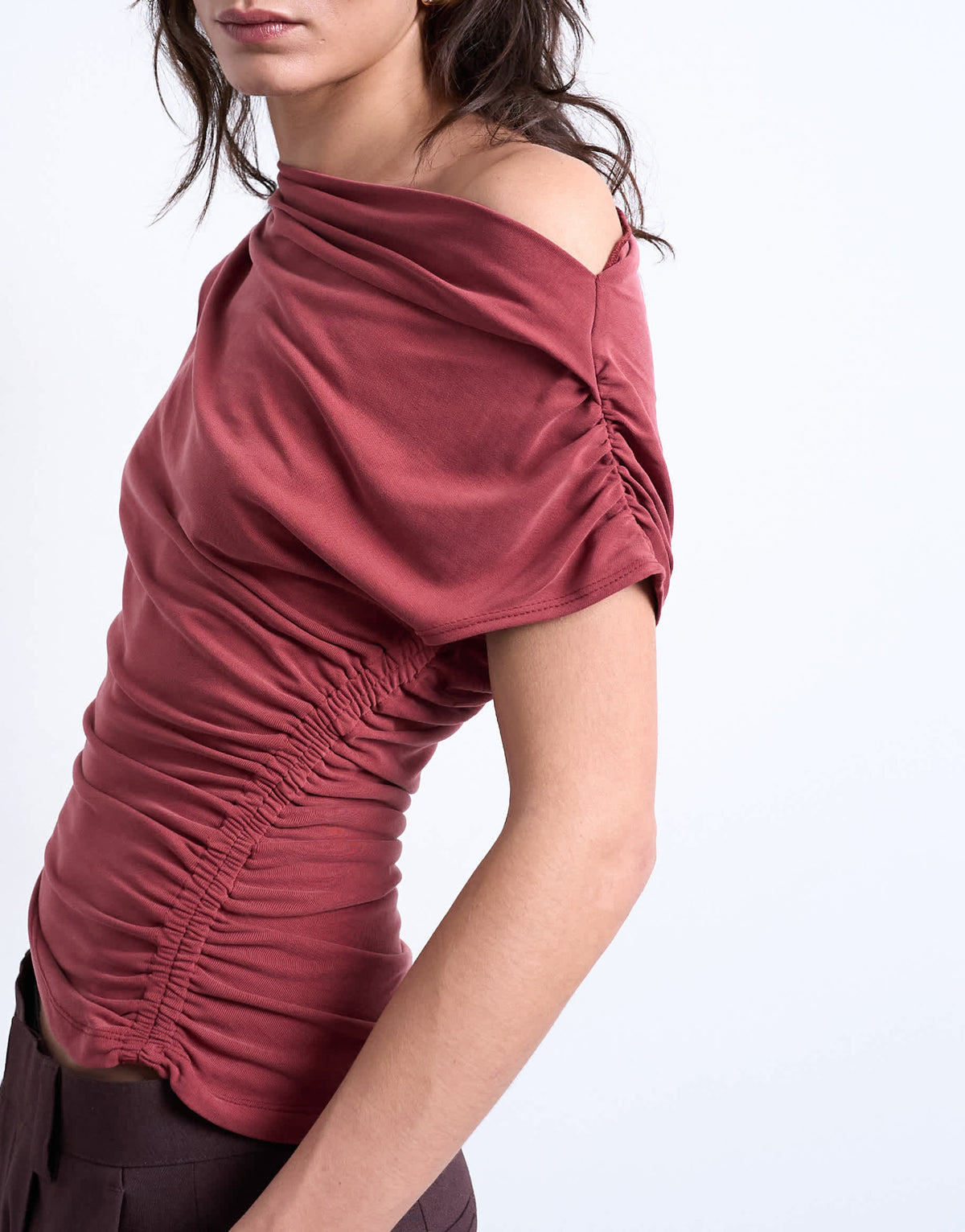 Topshop cupro ruched detail top in rust red