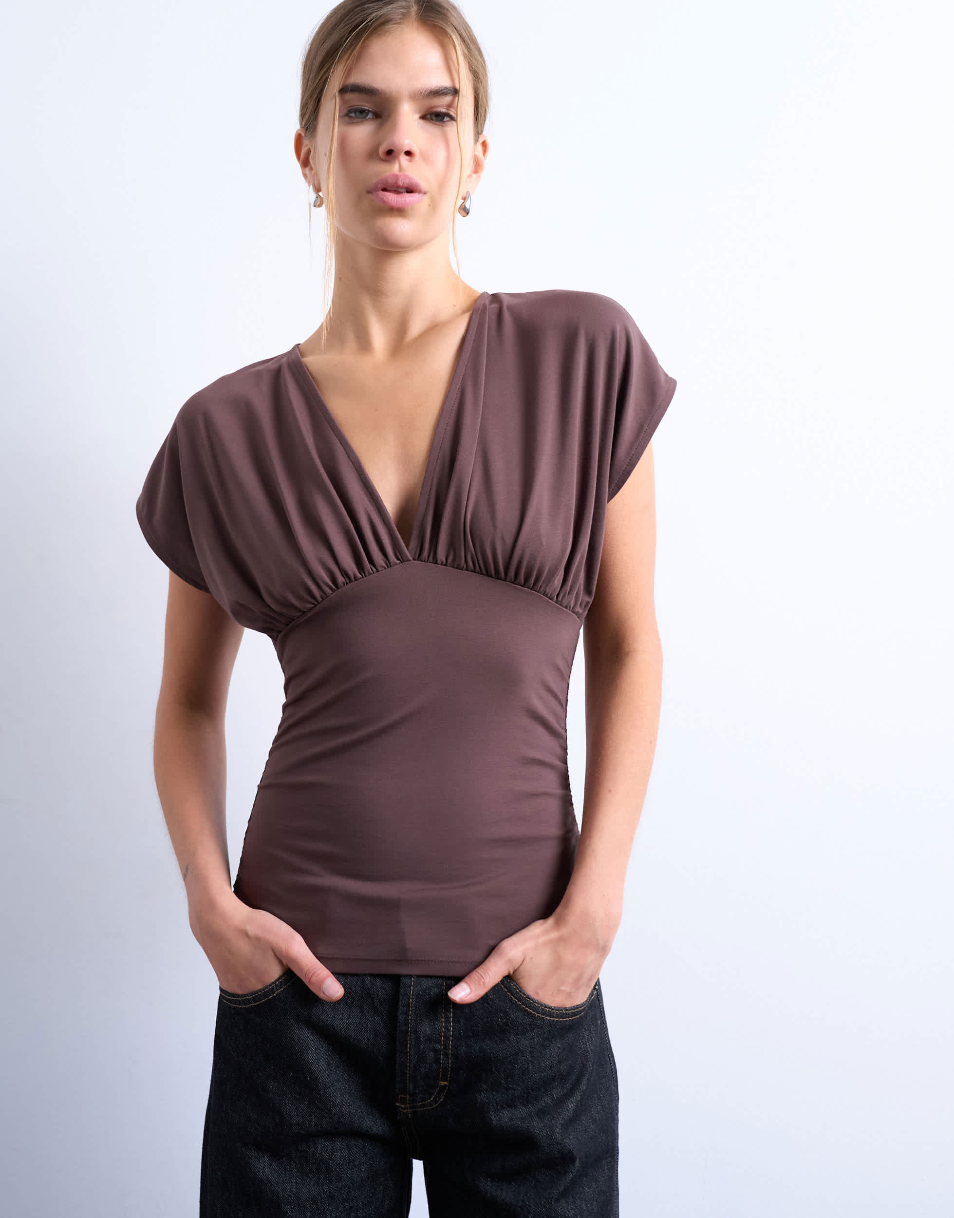 Topshop slinky v-neck ruched top in chocolate brown