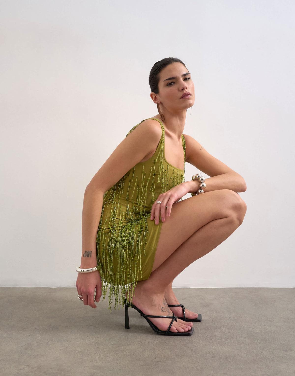 Topshop embellished fringing mini dress in green