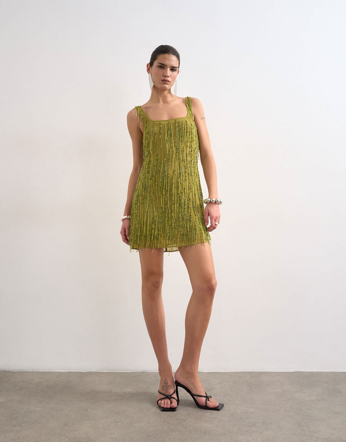 Topshop embellished fringing mini dress in green