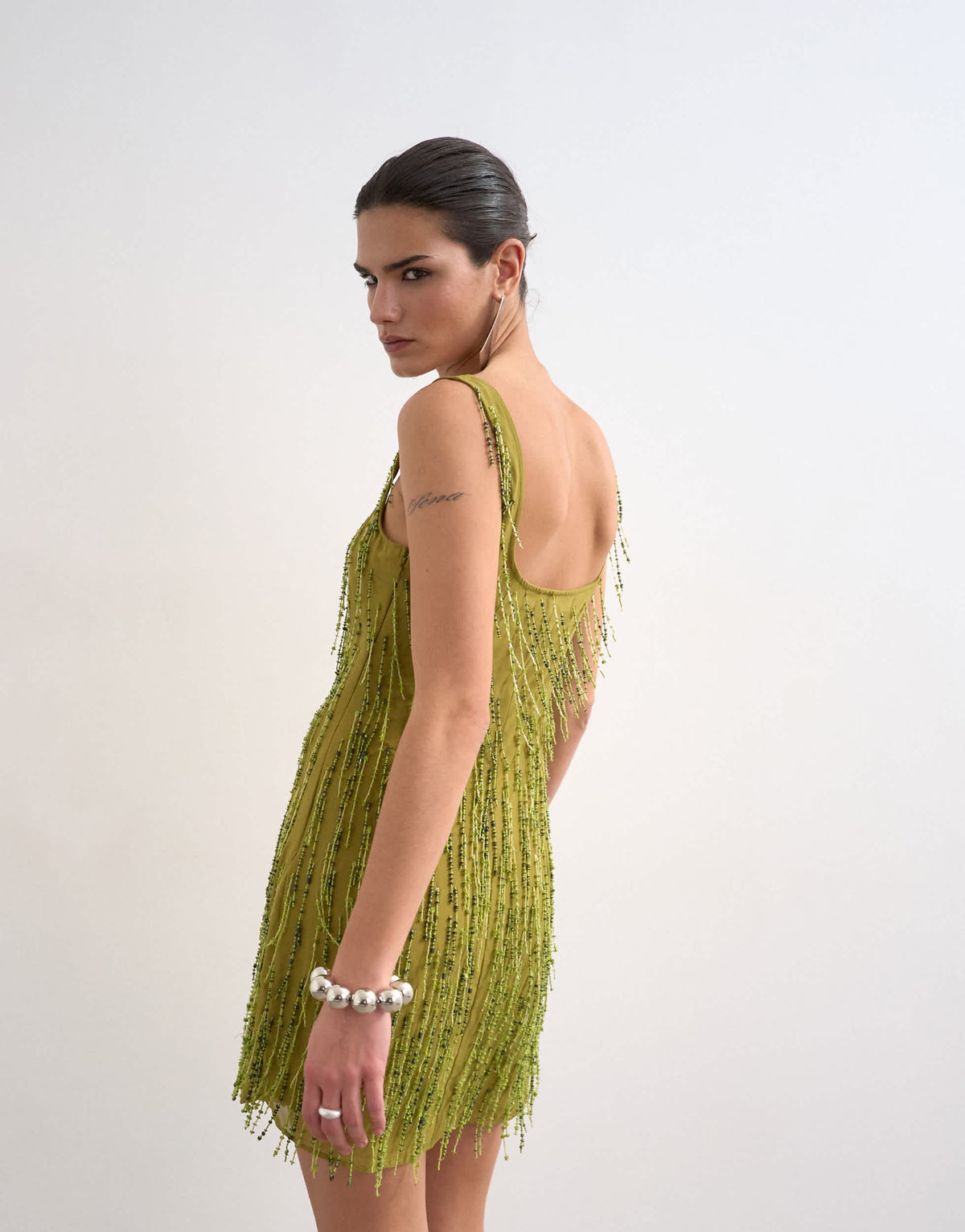 Topshop embellished fringing mini dress in green