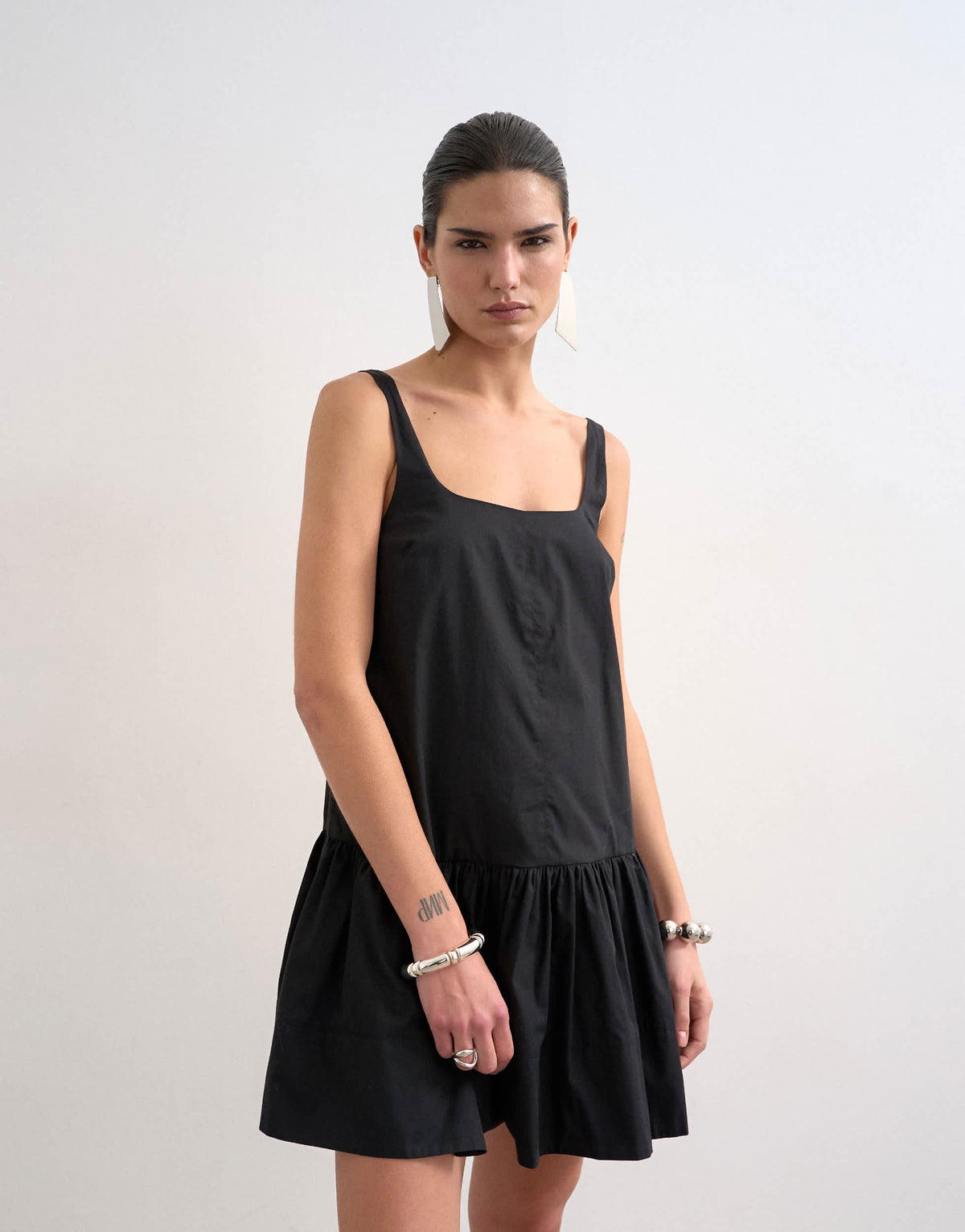 Topshop poplin dropped waist square neck mini chuck on sundress in black