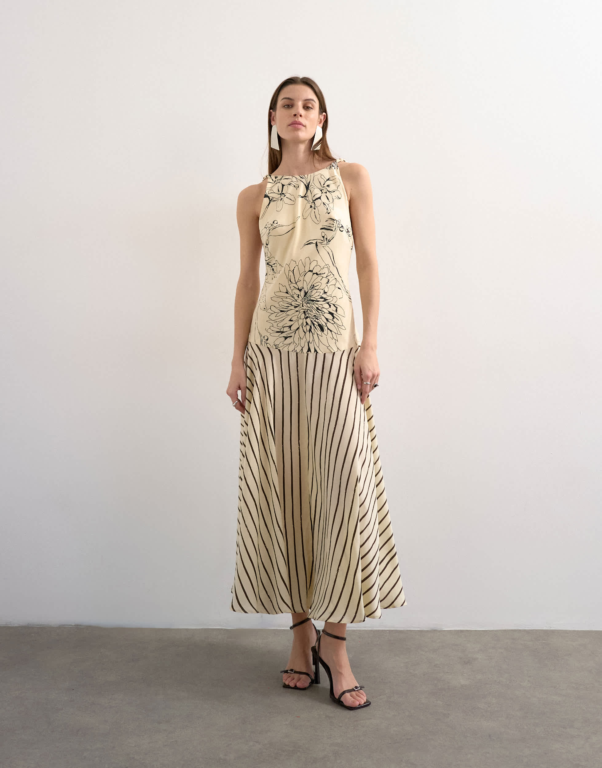 Topshop contrast print beaded strap maxi dress in sketchy floral and stripe