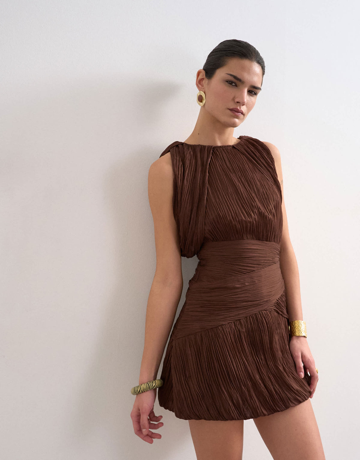 Topshop sculptural drape mini dress in chocolate
