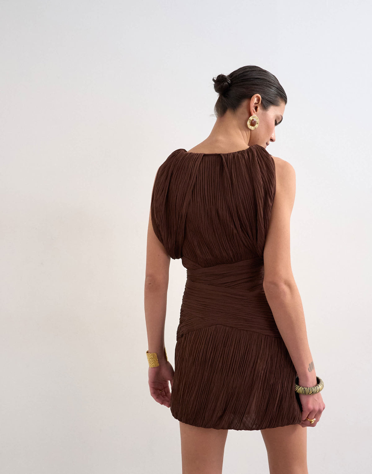 Topshop sculptural drape mini dress in chocolate