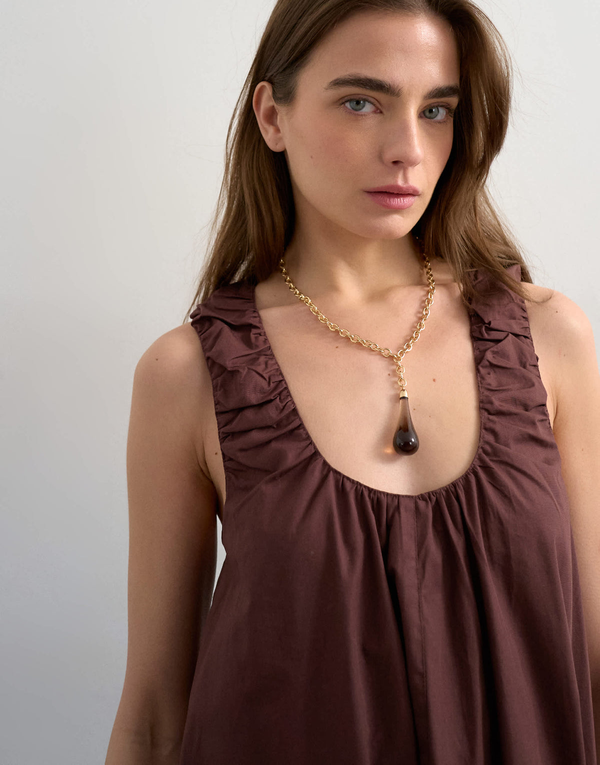 Topshop poplin ruched neck maxi sundress in chocolate