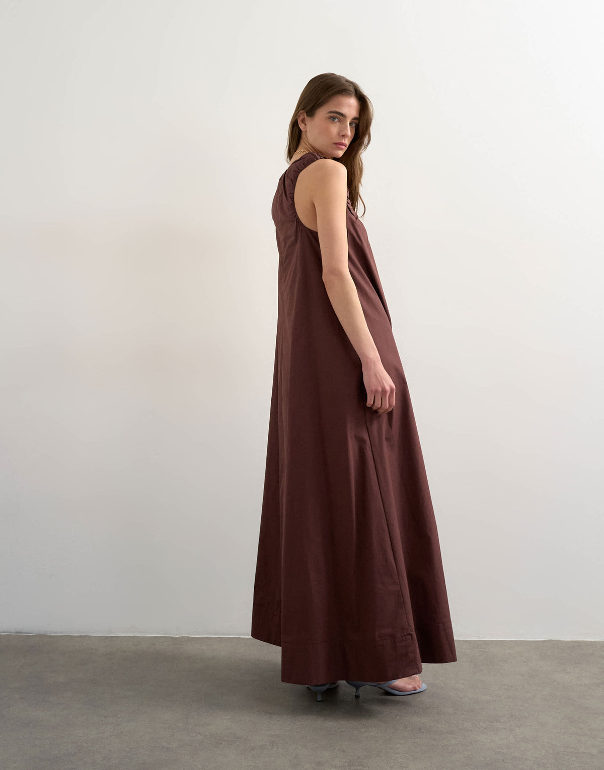 Topshop poplin ruched neck maxi sundress in chocolate