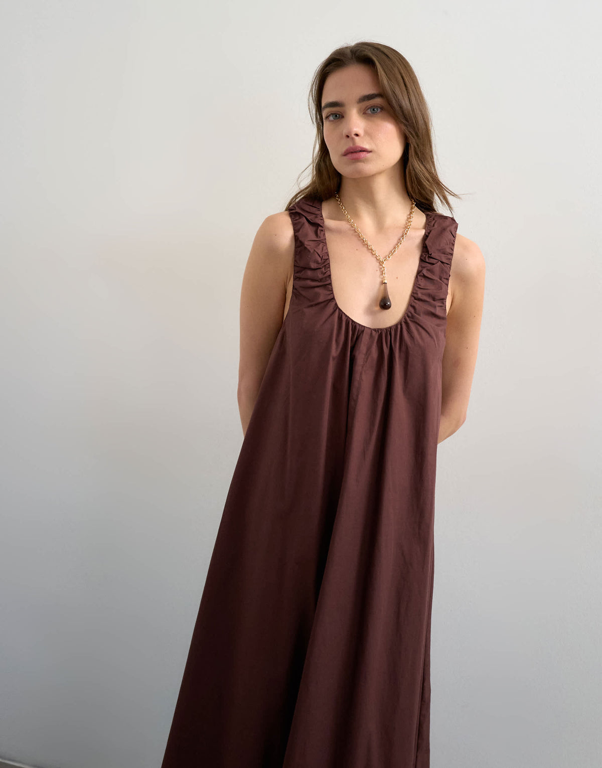Topshop poplin ruched neck maxi sundress in chocolate