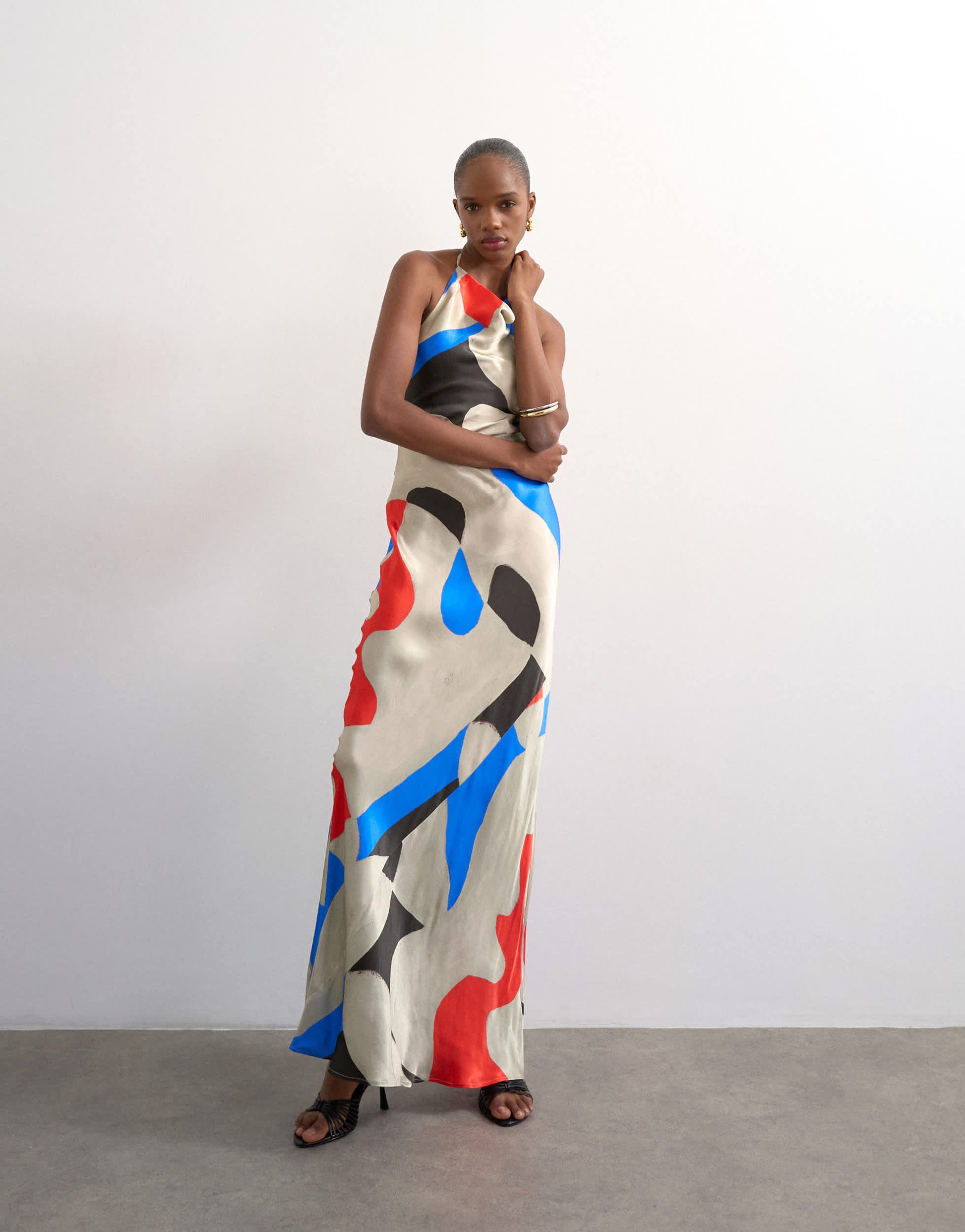 Topshop satin high neck cowl maxi dress in bold abstract