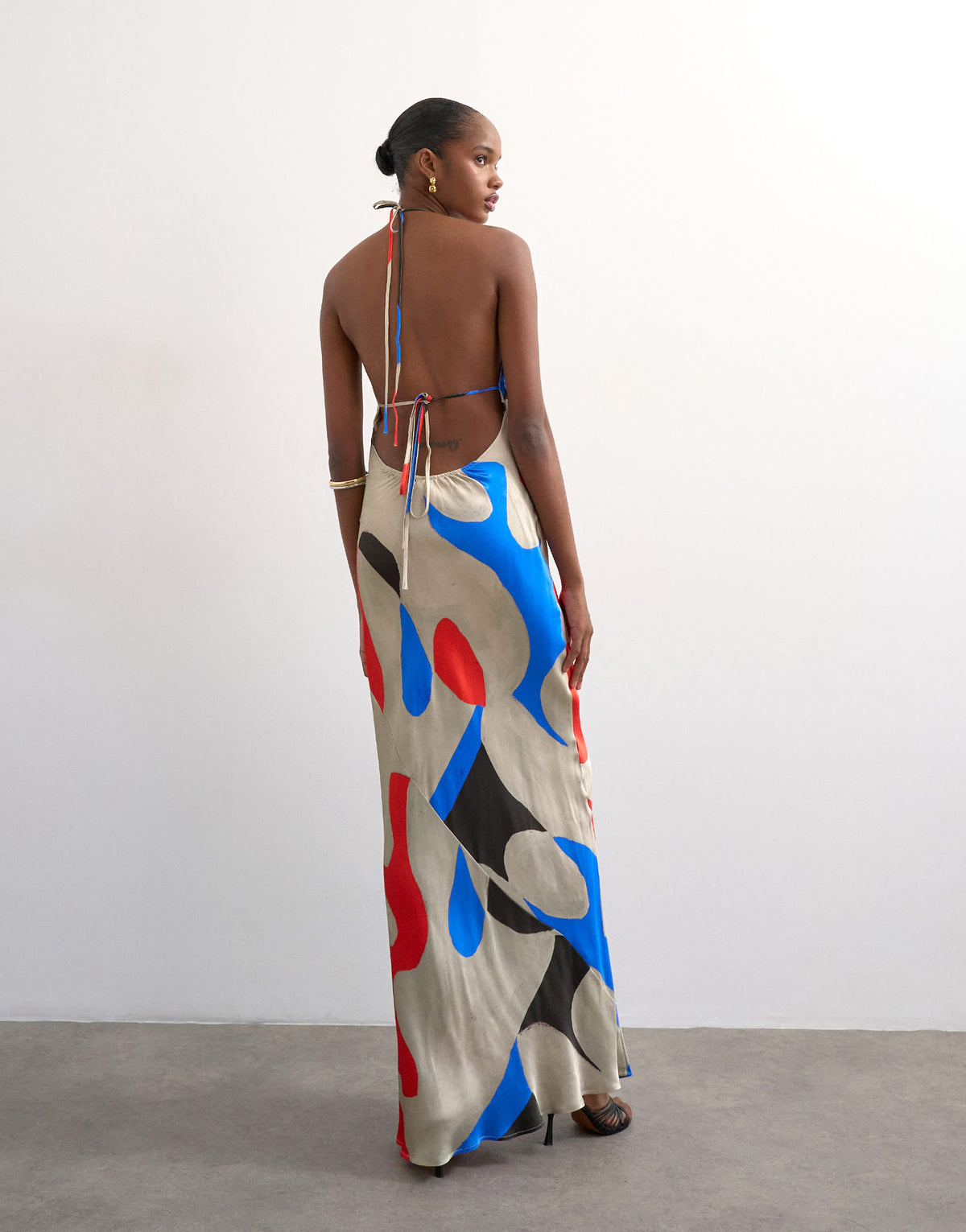 Topshop satin high neck cowl maxi dress in bold abstract