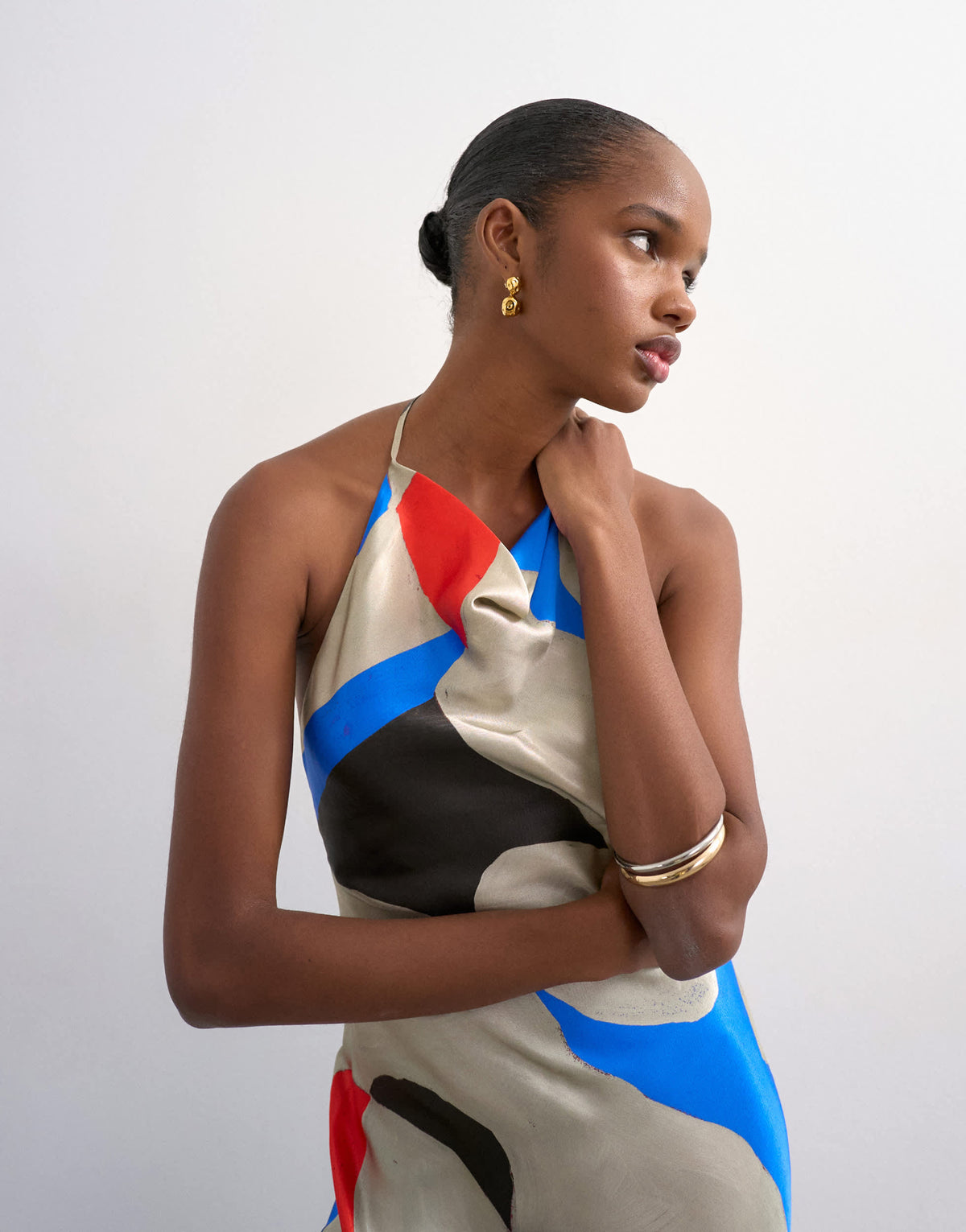 Topshop satin high neck cowl maxi dress in bold abstract