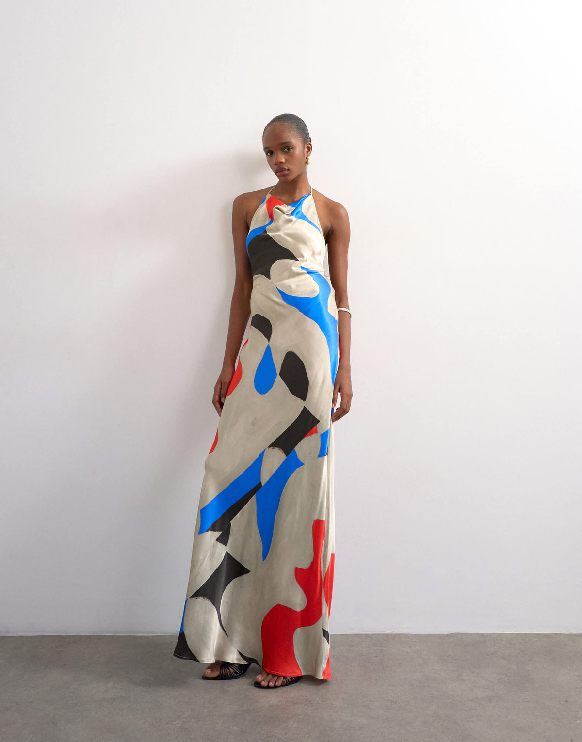 Topshop satin high neck cowl maxi dress in bold abstract