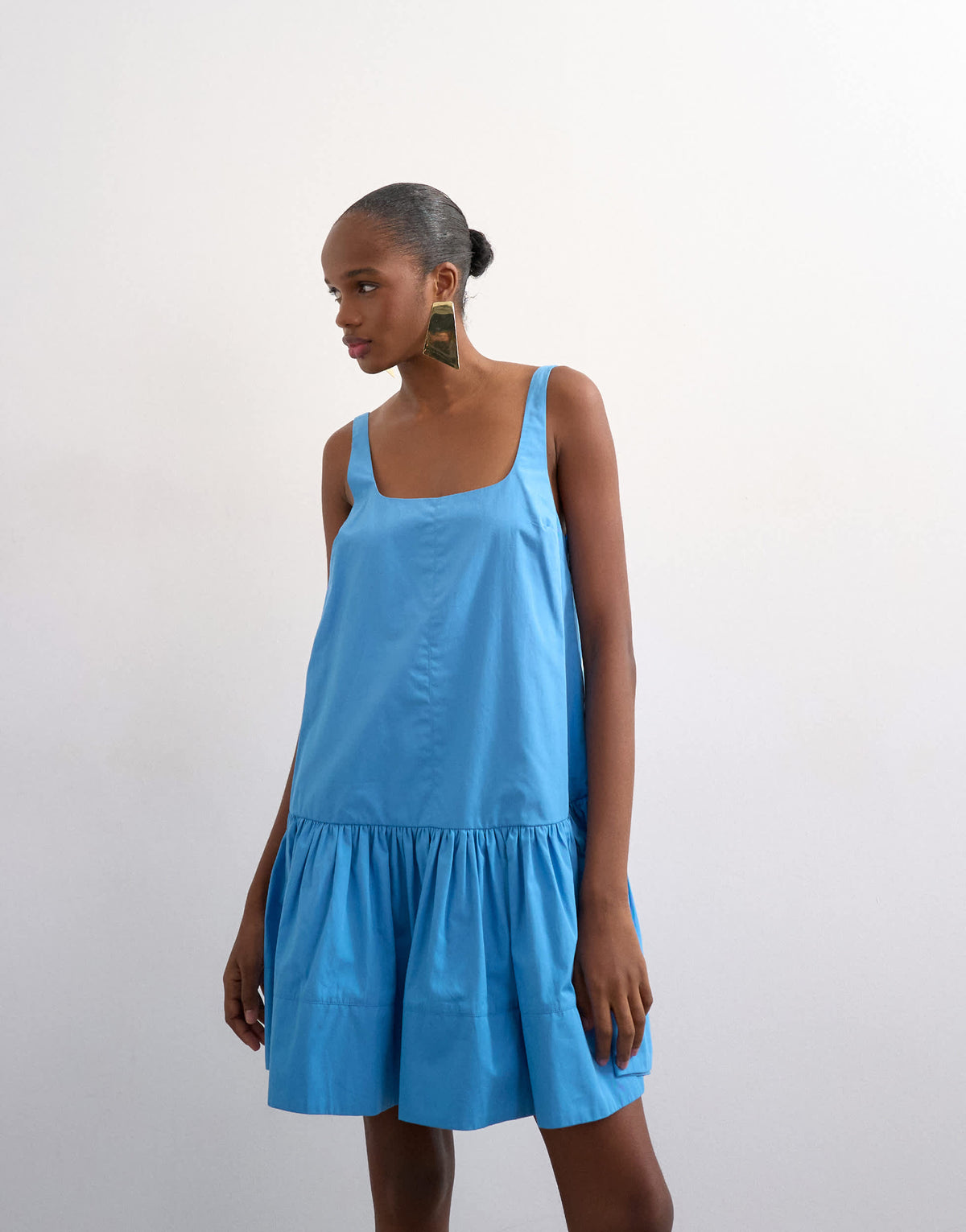Topshop poplin dropped waist square neck mini chuck on sundress in blue