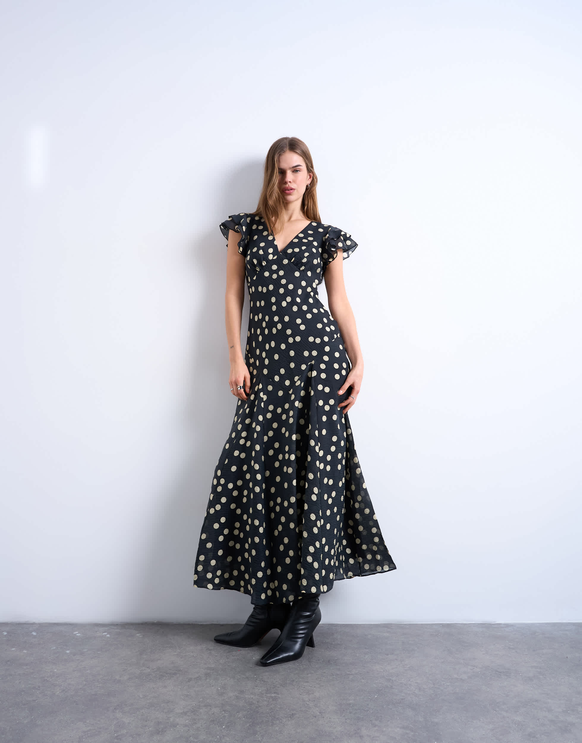 Topshop flutter sleeve v neck midi dress in mono spot