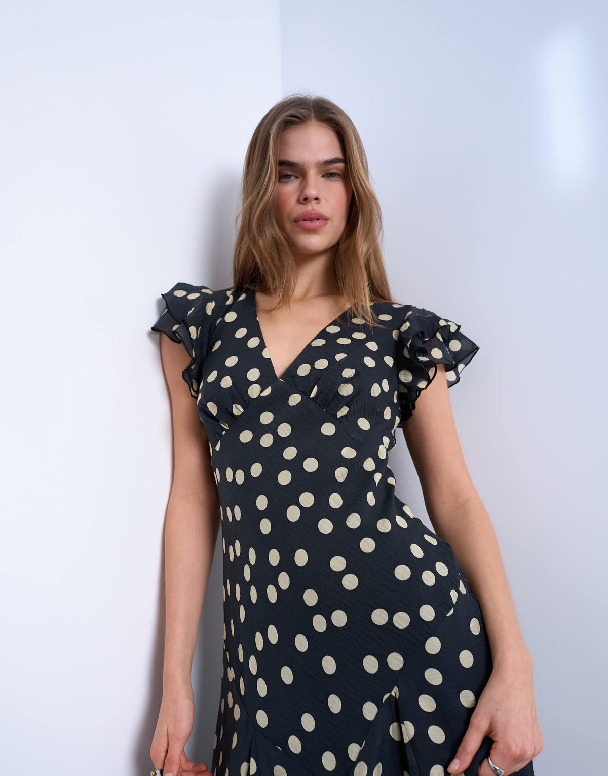 Topshop flutter sleeve v neck midi dress in mono spot