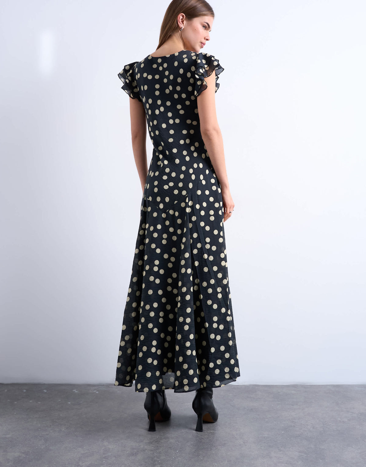 Topshop flutter sleeve v neck midi dress in mono spot