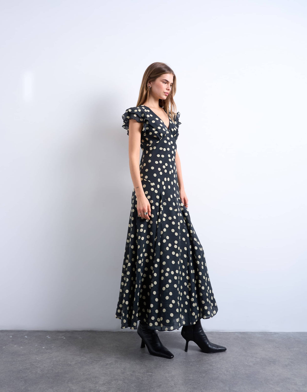 Topshop flutter sleeve v neck midi dress in mono spot