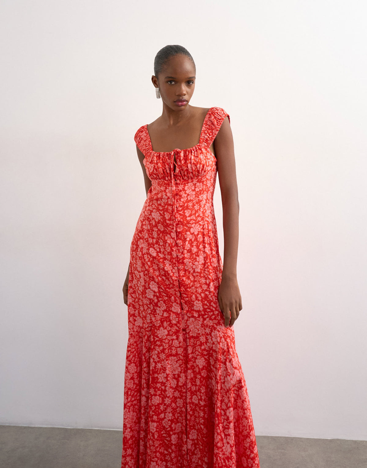 Topshop button front cap sleeve maxi sundress in red ditsy floral