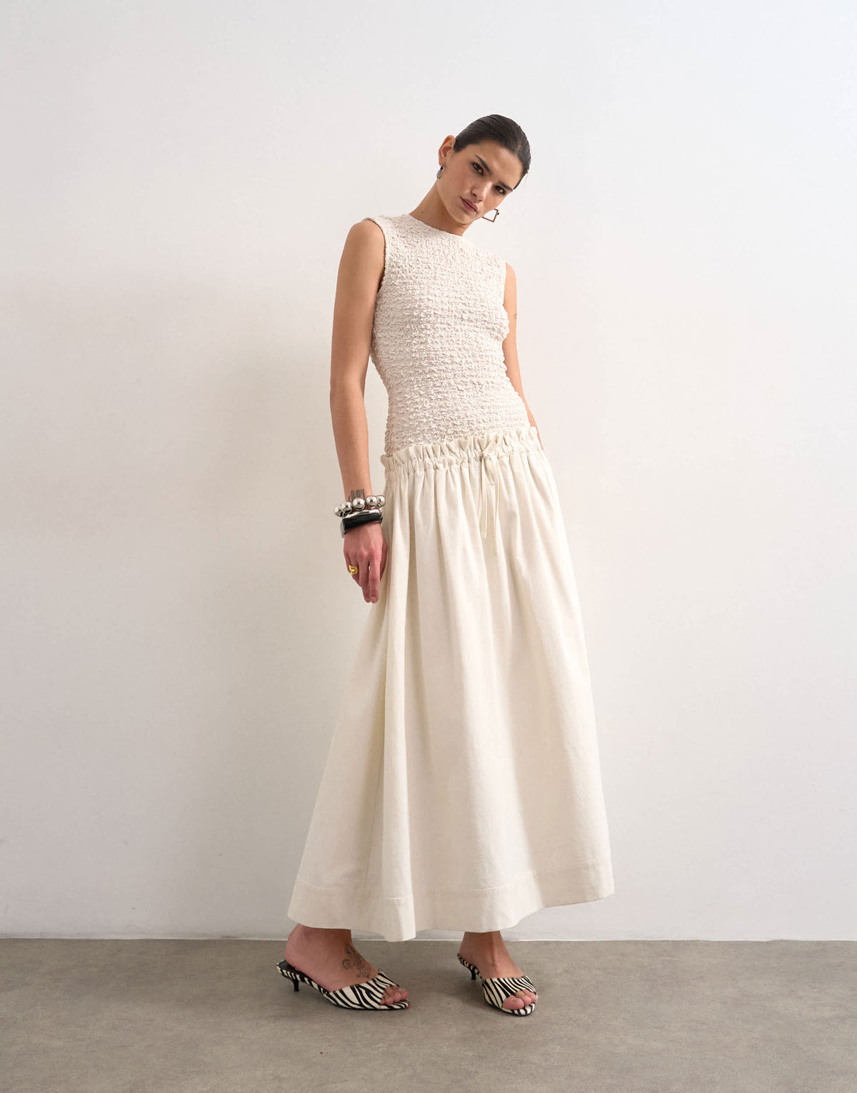 Topshop dropped waist heavy cotton maxi dress in white