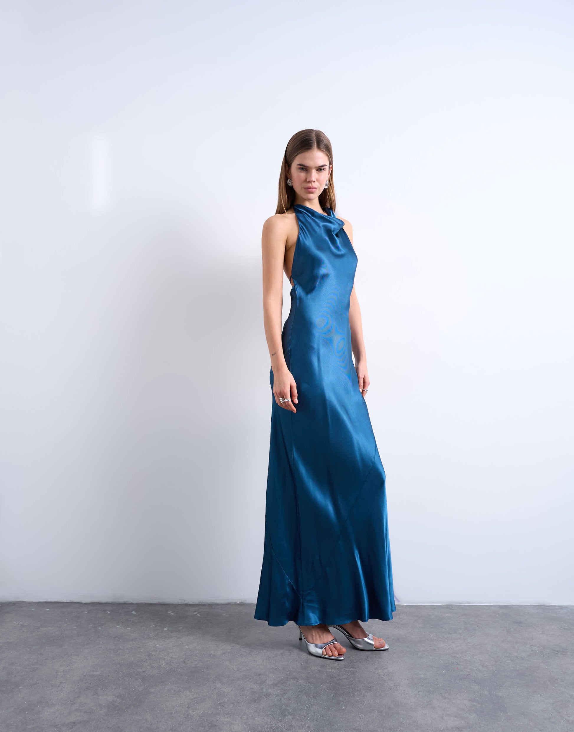 Topshop high neck cowl maxi dress in petrol