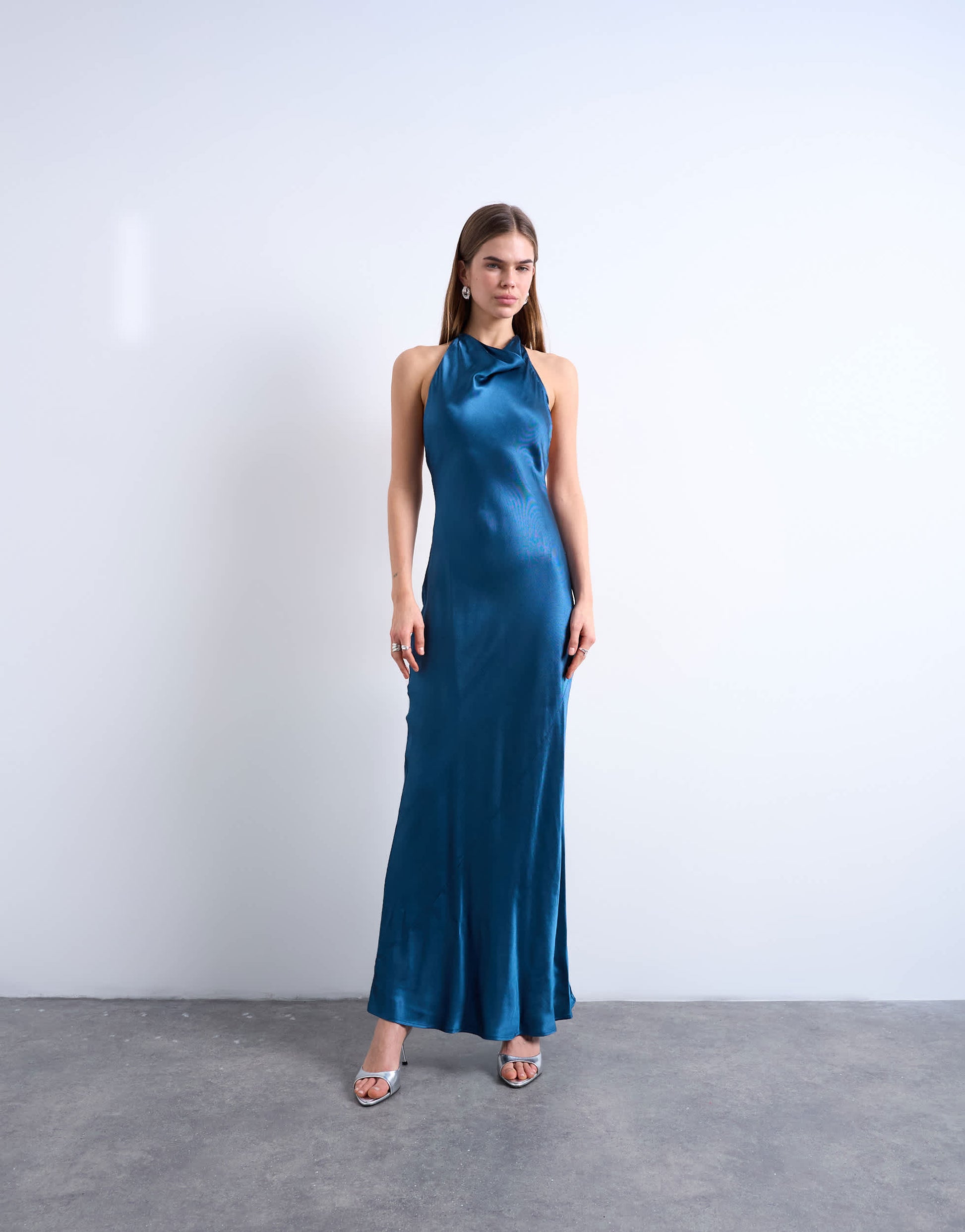 Topshop high neck cowl maxi dress in petrol