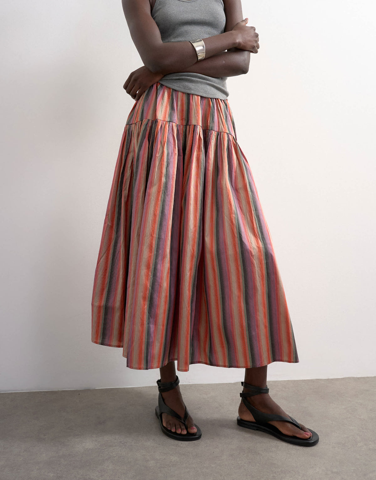 Topshop taffeta full hem midi skirt in multi stripe