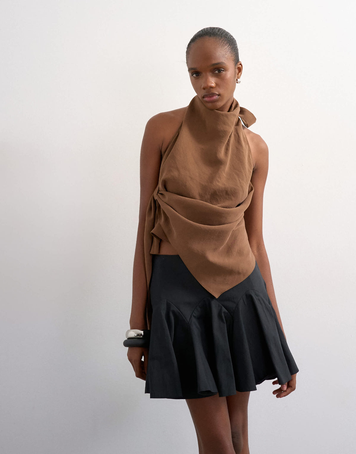 Topshop curved godet hem mini skirt in black