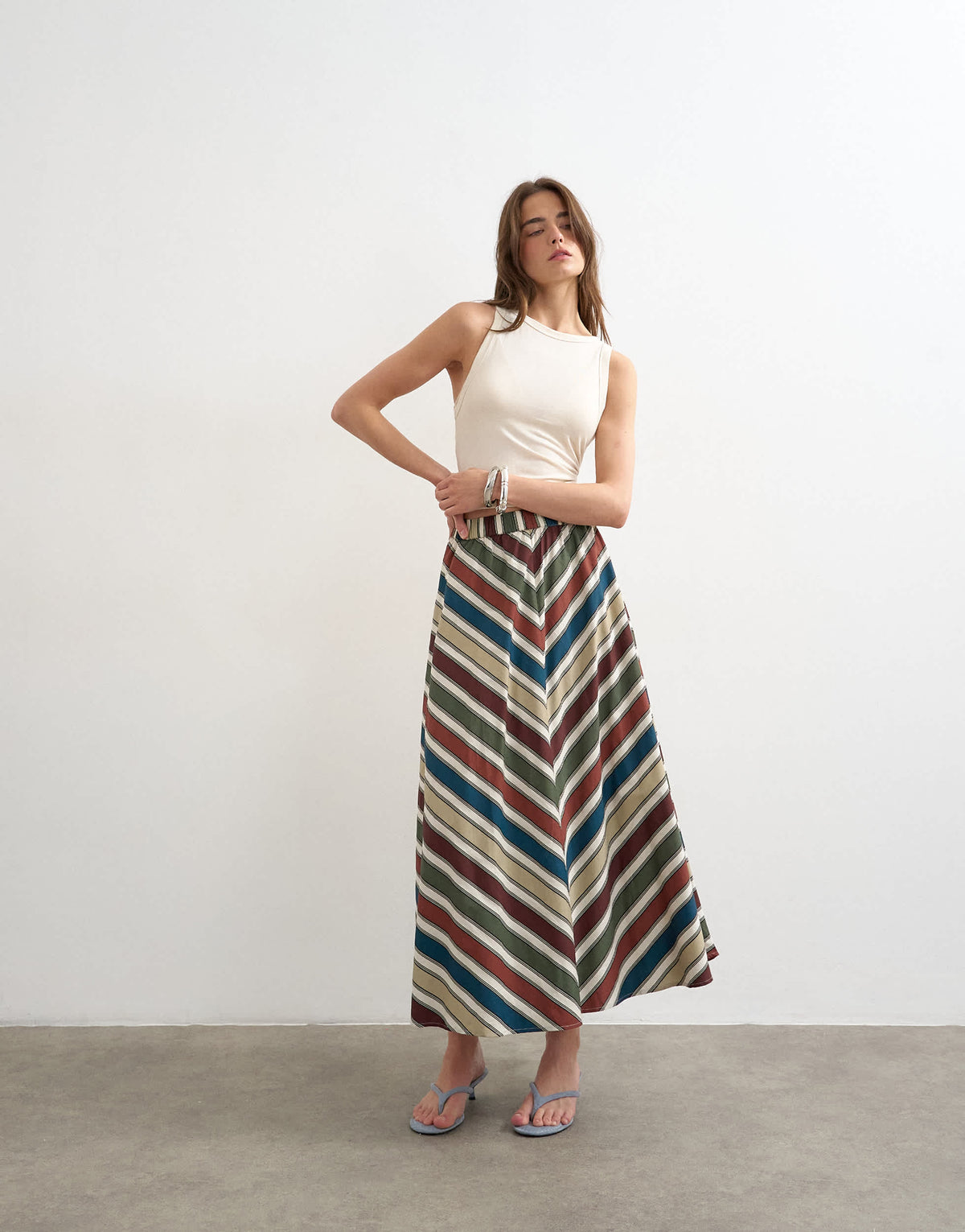 Topshop co-ord elasticated waist full circle maxi skirt in multi stripe