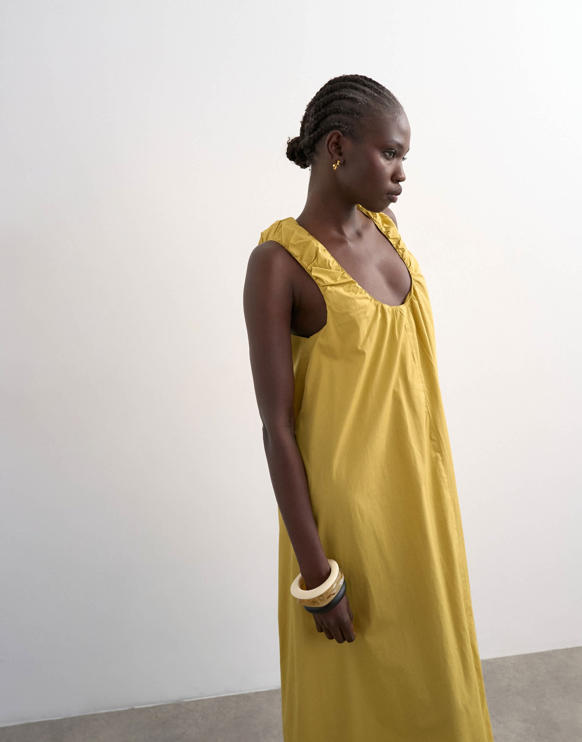 Topshop poplin ruched neck maxi sundress in ochre