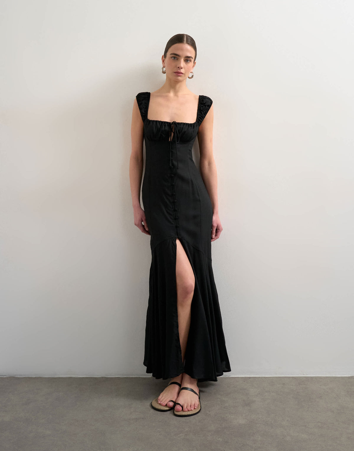 Topshop button front cap sleeve maxi sundress in black