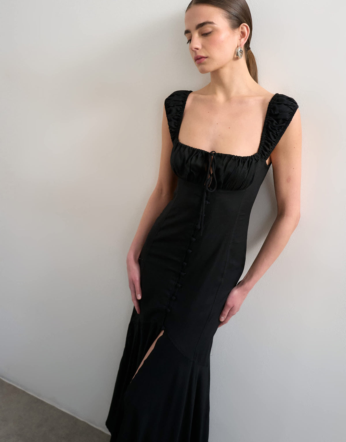 Topshop button front cap sleeve maxi sundress in black