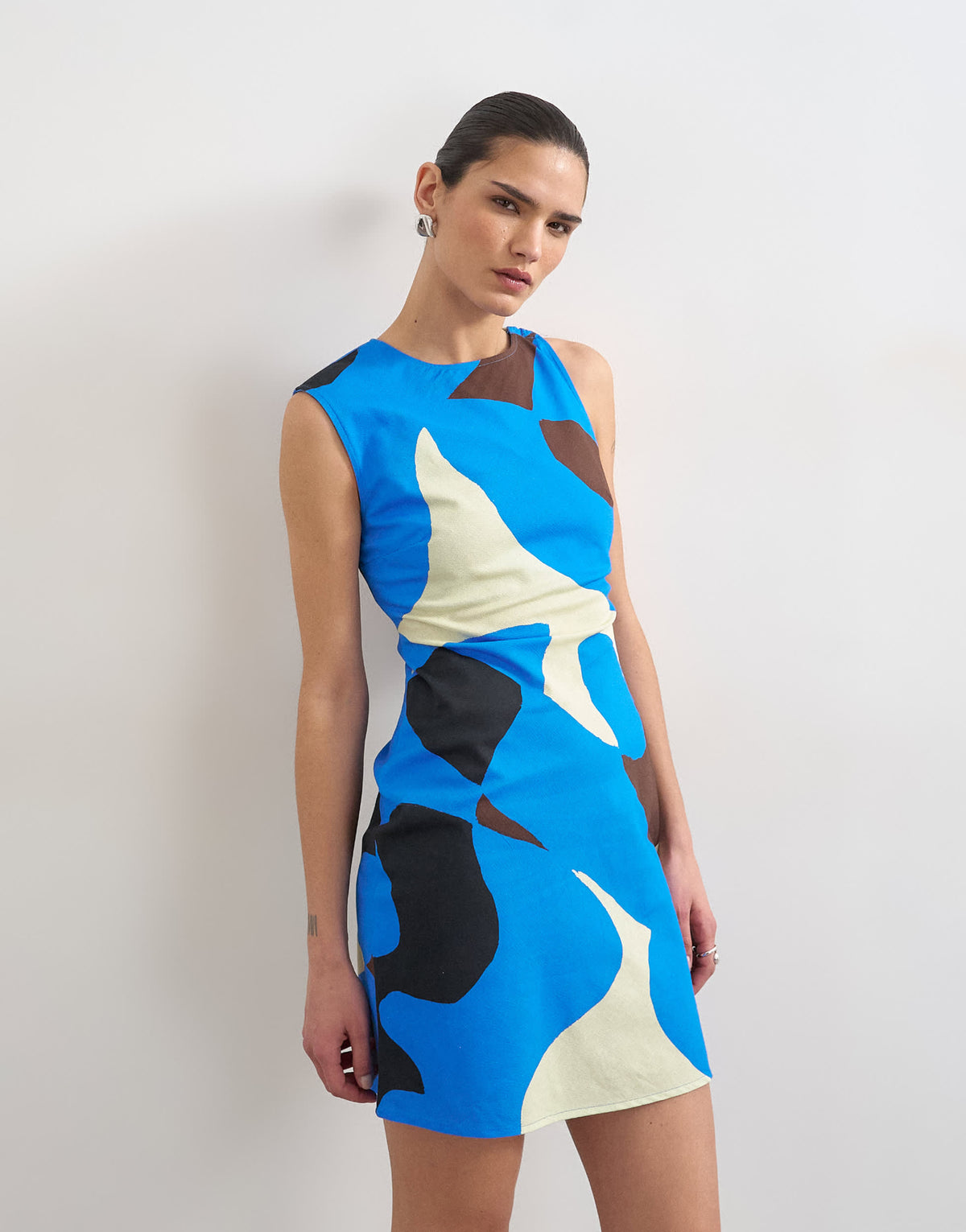 Topshop linen open back mini dress in bold blue abstract print