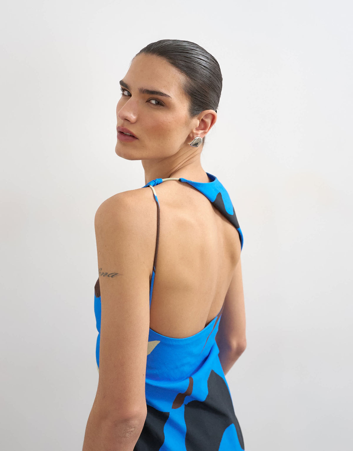 Topshop linen open back mini dress in bold blue abstract print