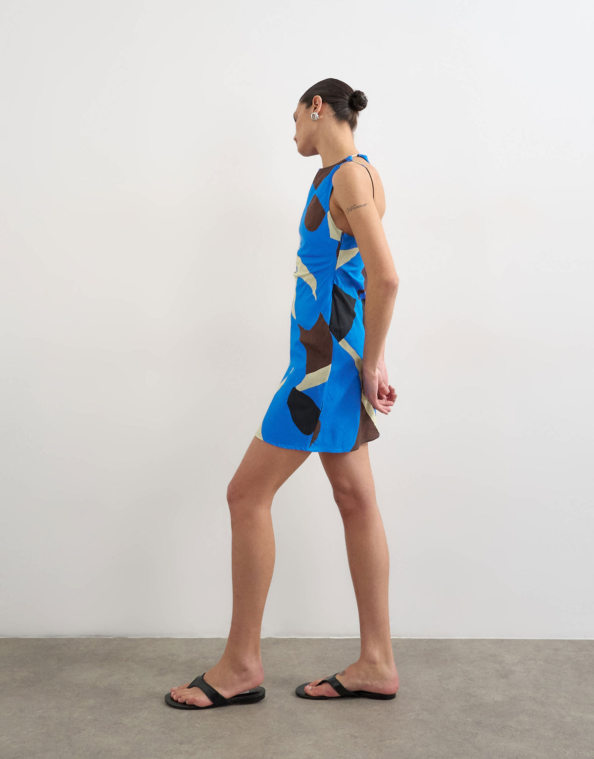 Topshop linen open back mini dress in bold blue abstract print