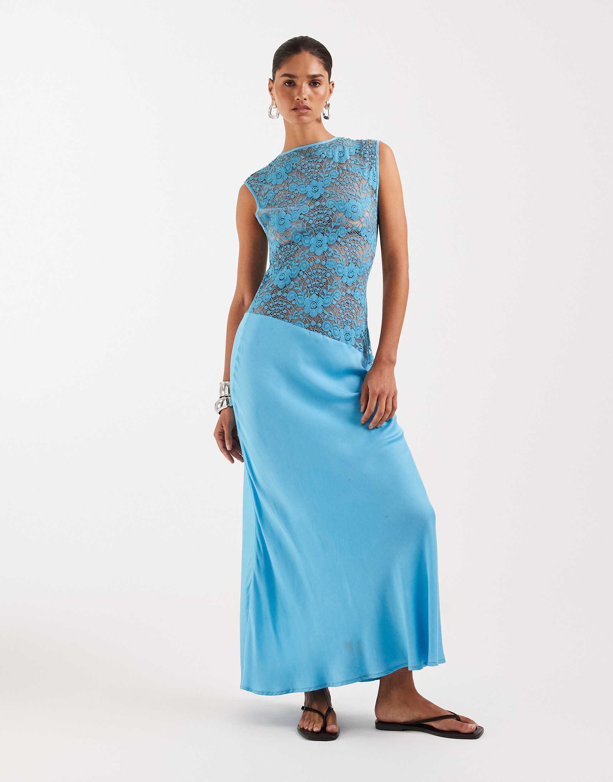 Topshop lace body maxi occasion dress in turquoise