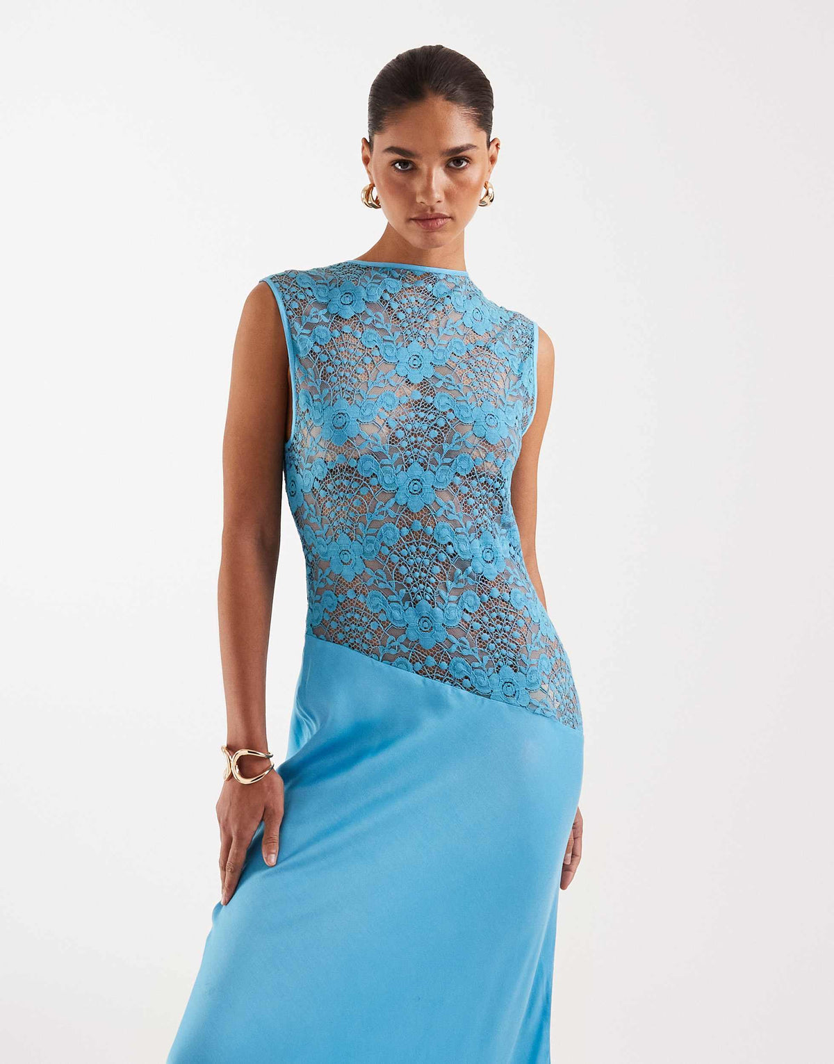 Topshop lace body maxi occasion dress in turquoise