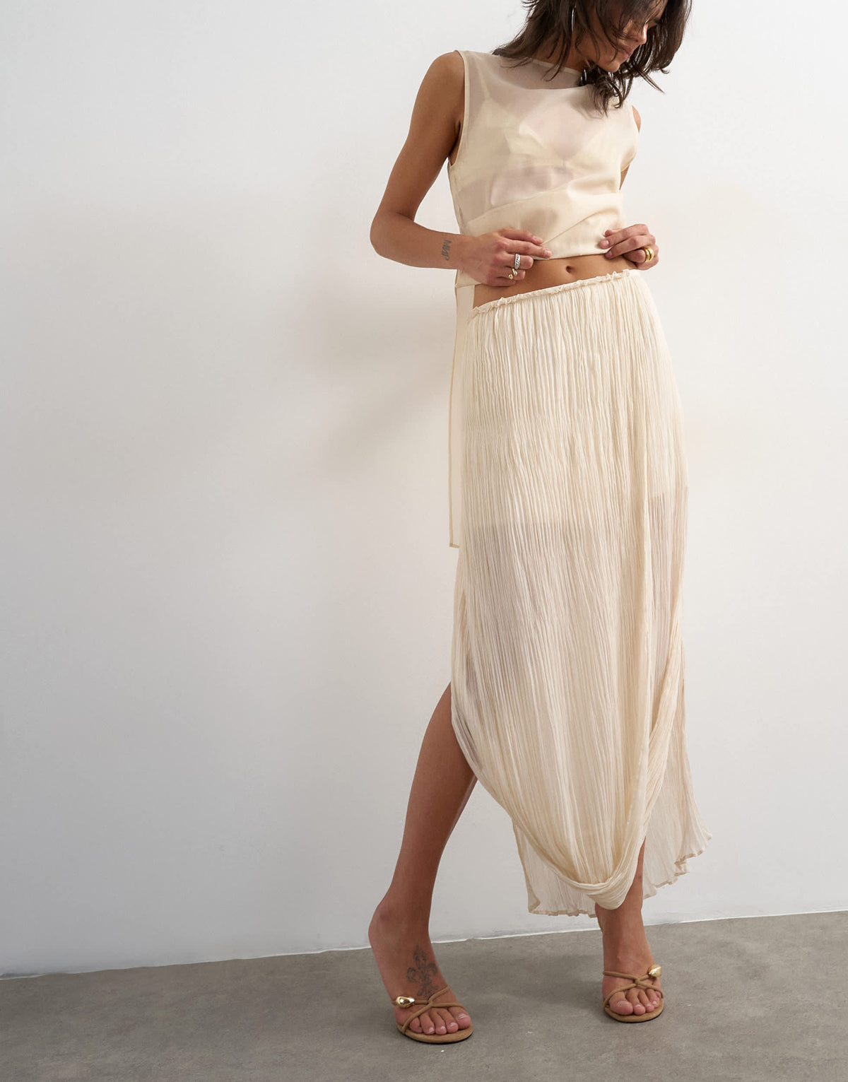 Topshop draped pleated fabric maxi skirt in ivory