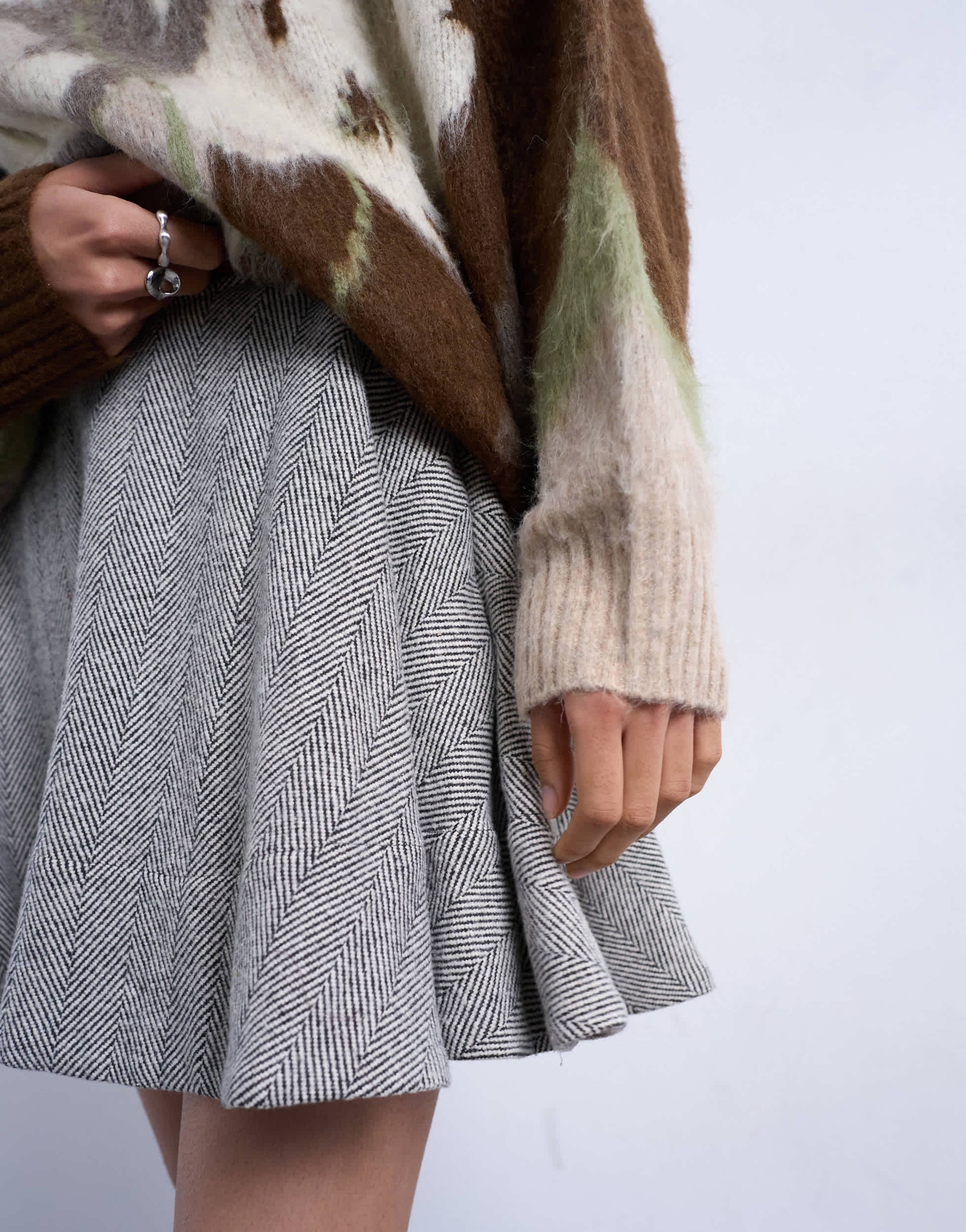 Topshop a-line flippy mini skirt in mono herringbone