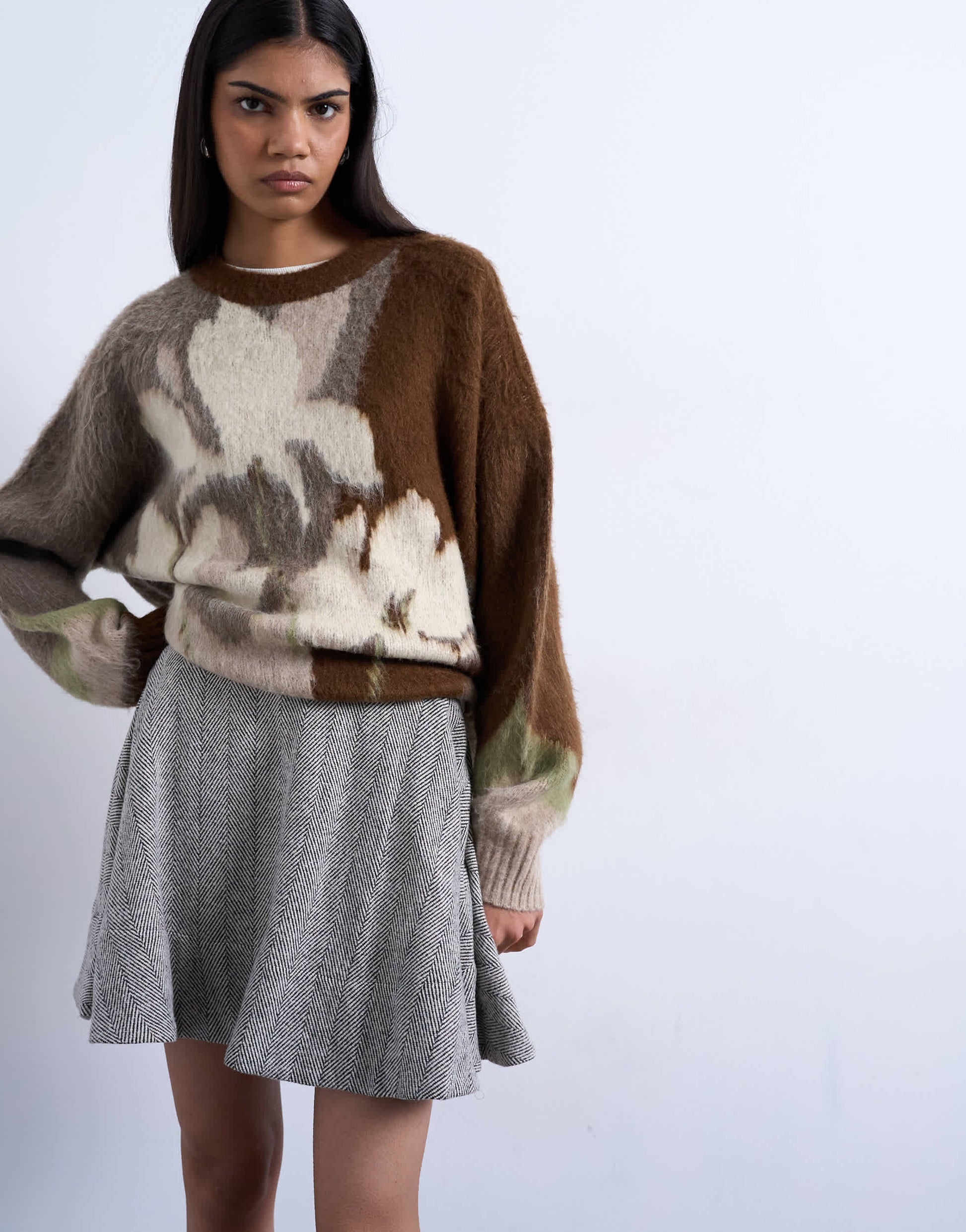 Topshop a-line flippy mini skirt in mono herringbone