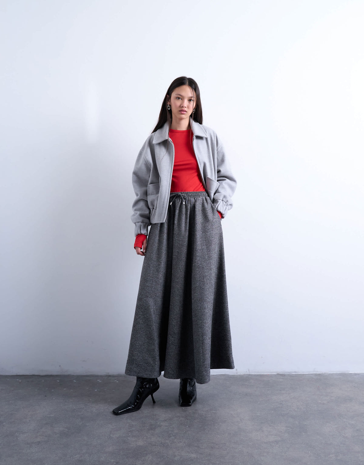 Topshop full circle maxi skirt with tie waist in grey herringbone