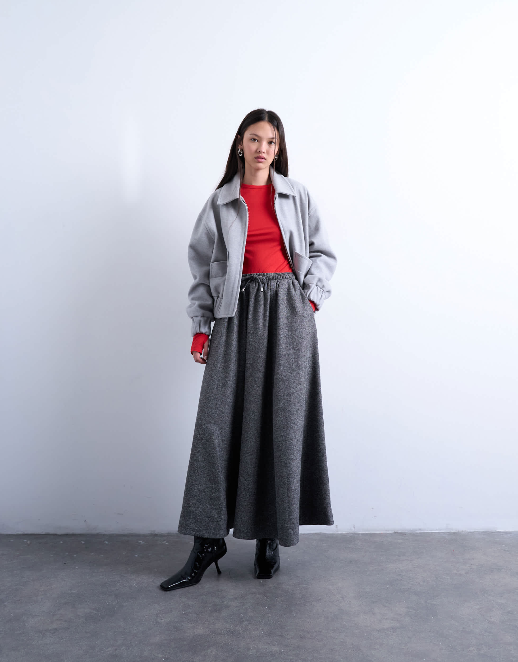 Topshop full circle maxi skirt with tie waist in grey herringbone