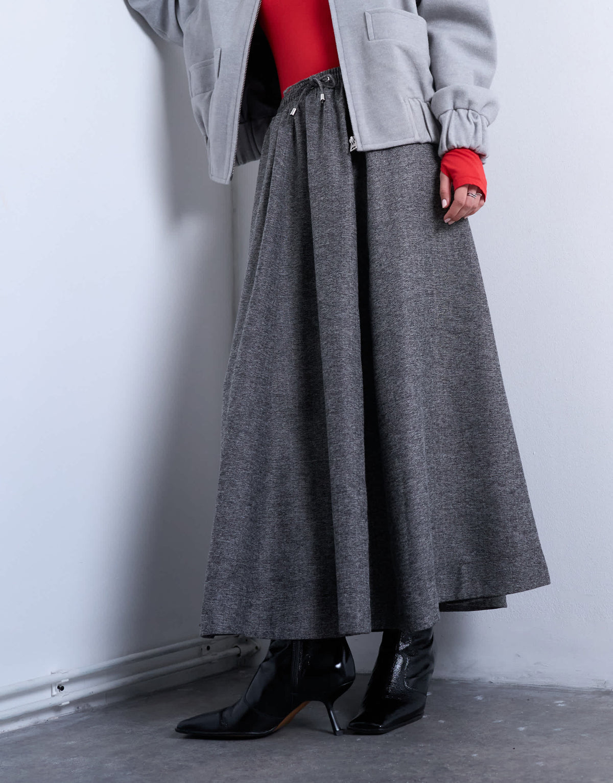 Topshop full circle maxi skirt with tie waist in grey herringbone
