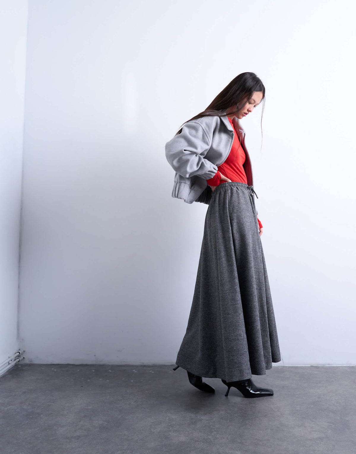 Topshop full circle maxi skirt with tie waist in grey herringbone