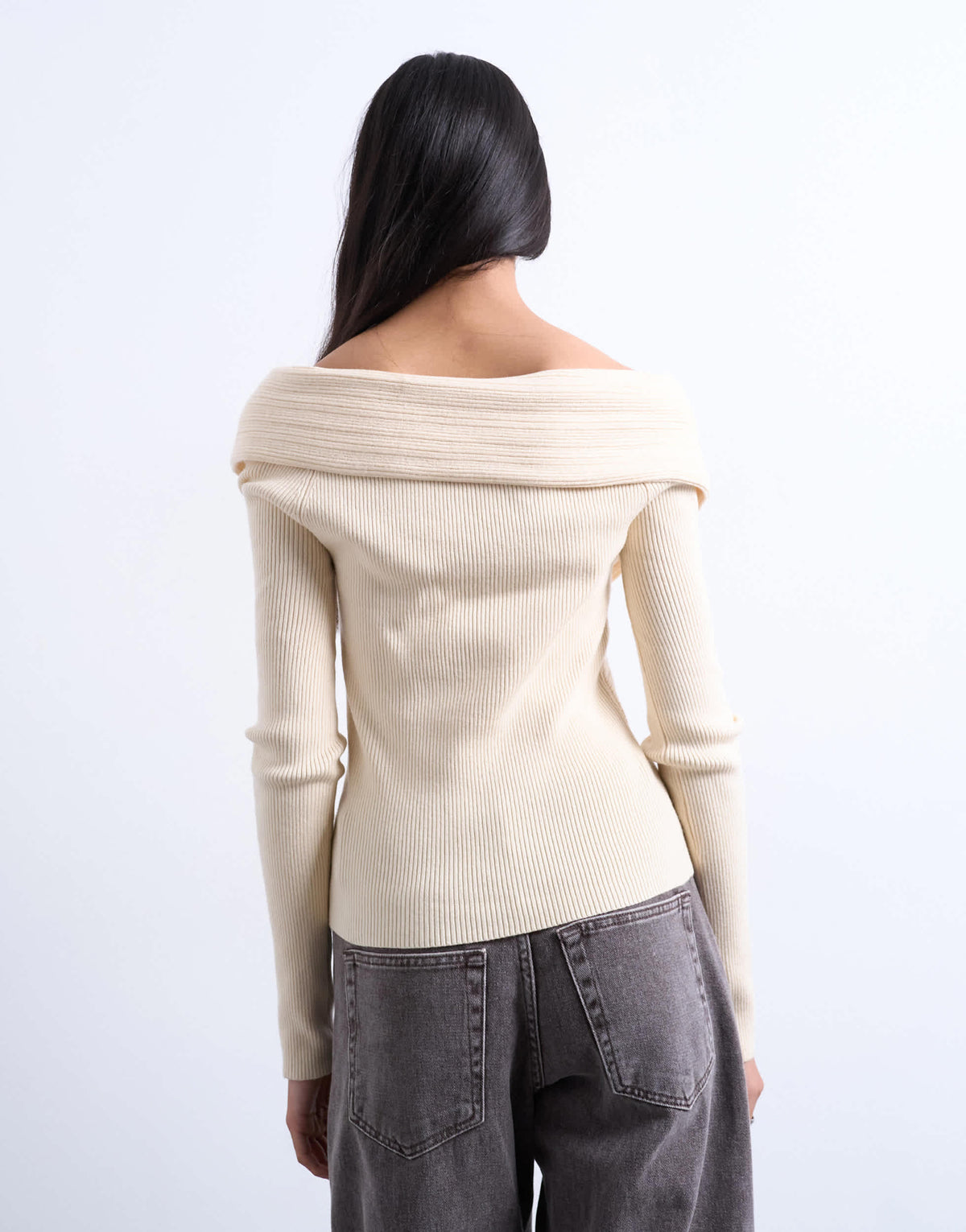 Topshop knitted foldover long sleeve top in ivory
