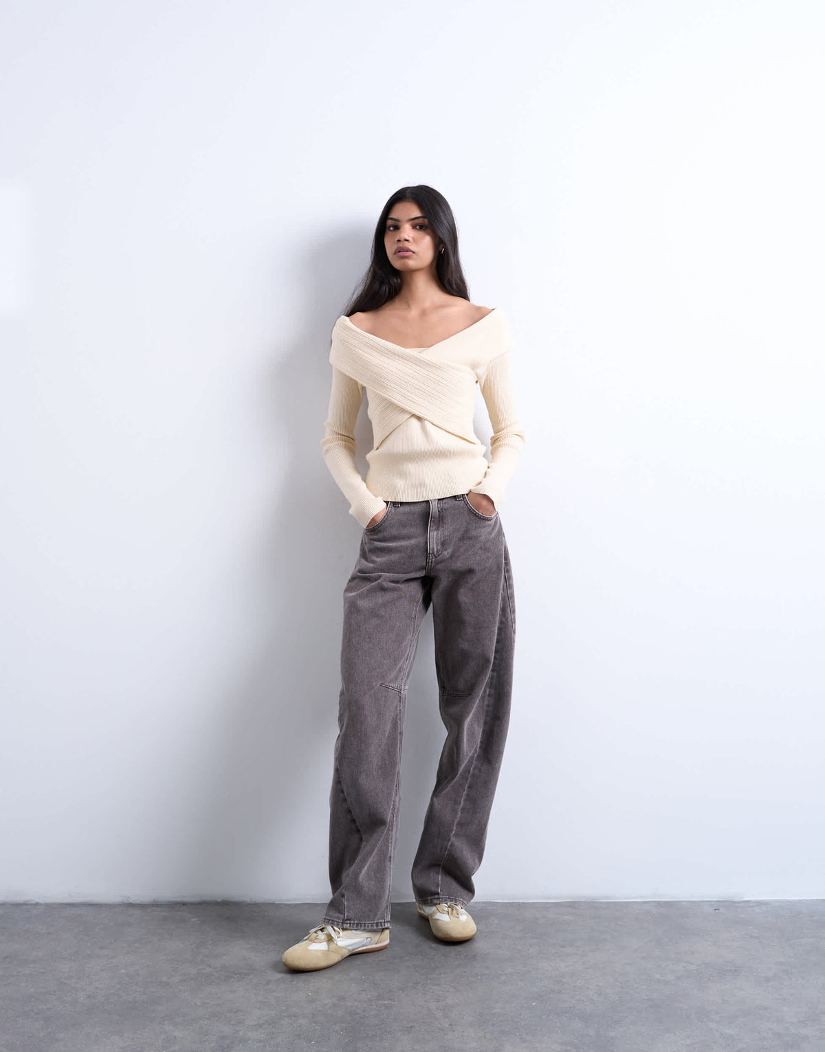 Topshop knitted foldover long sleeve top in ivory