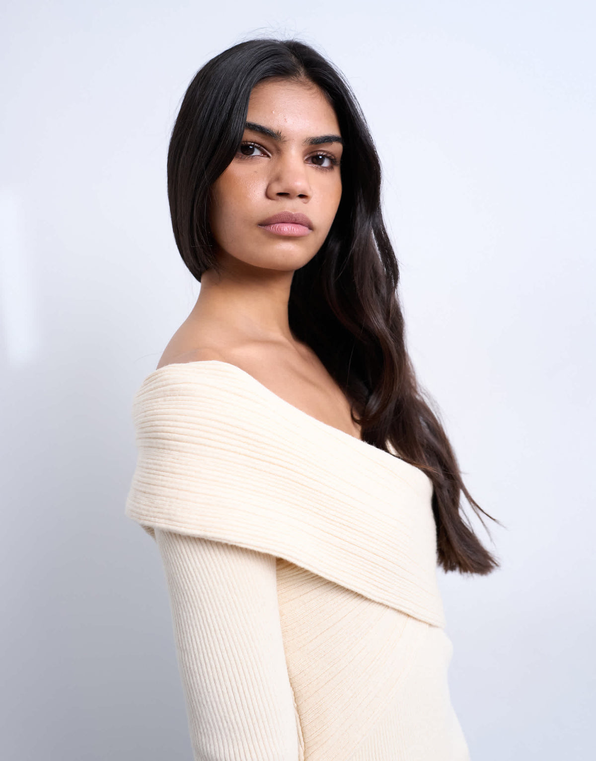 Topshop knitted foldover long sleeve top in ivory