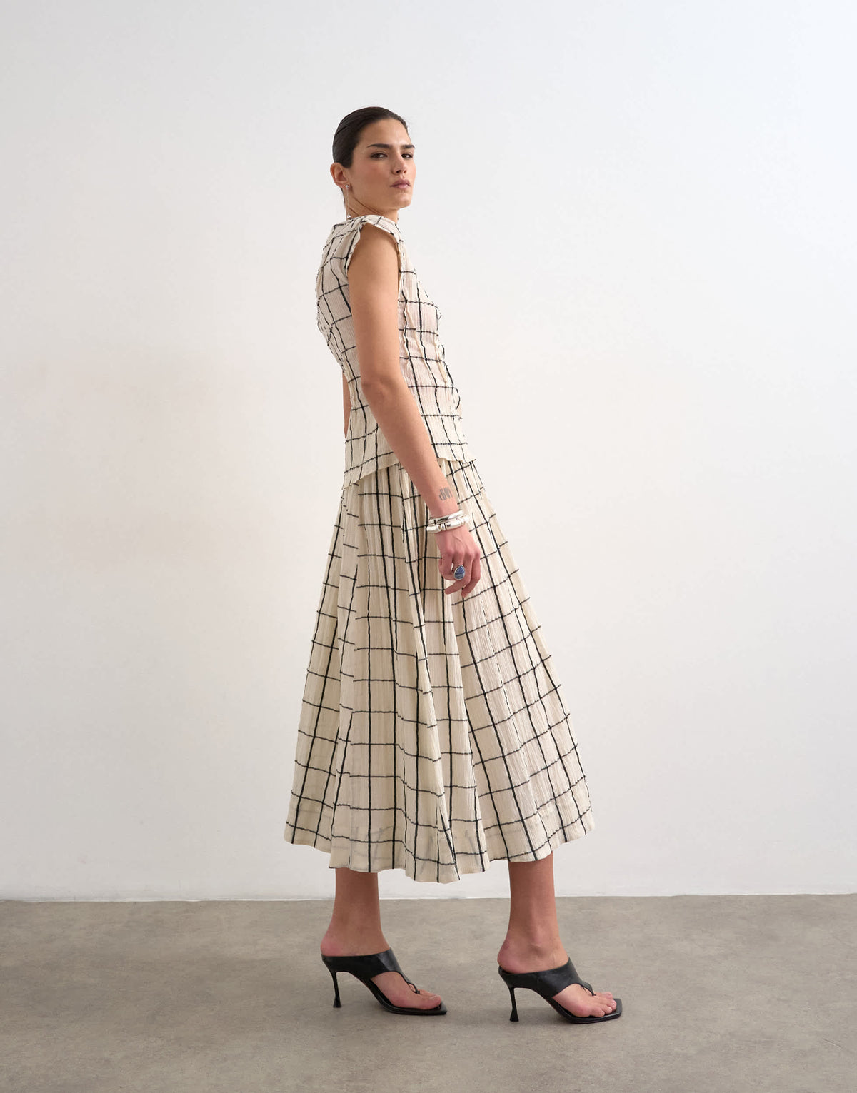 Topshop sleeveless pin tuck crinkle top in windowpane check