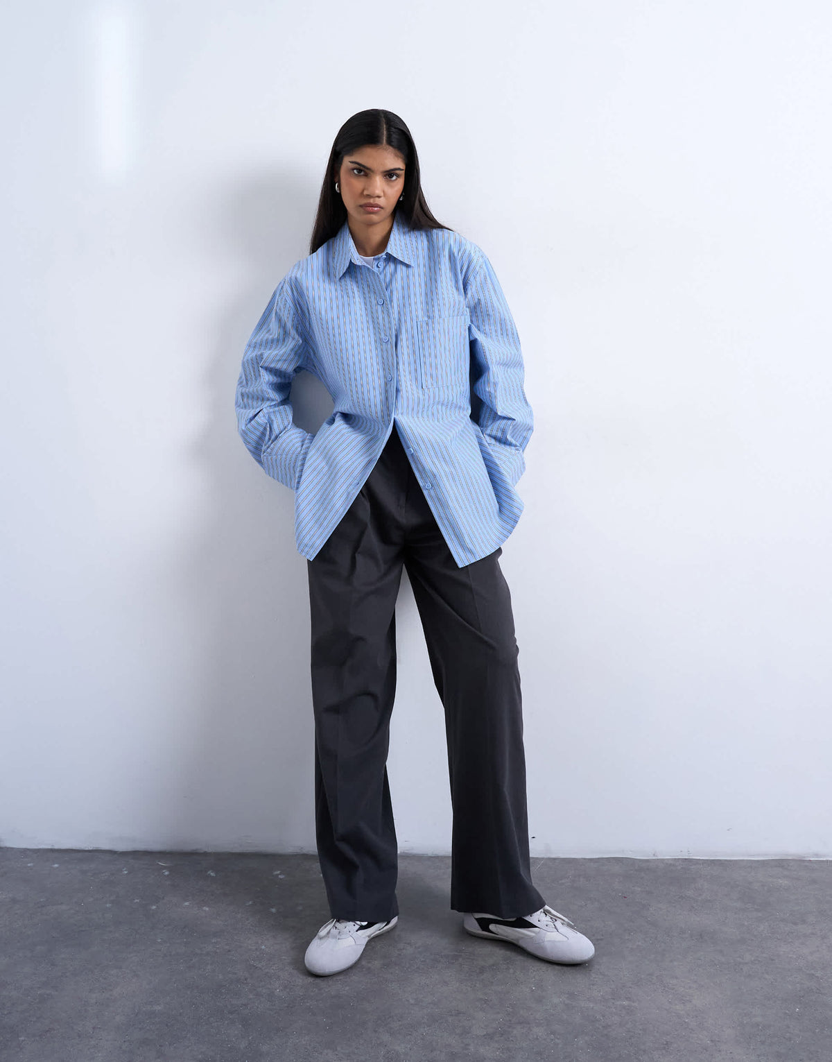 Topshop darted cuff oversized shirt in blue stripe